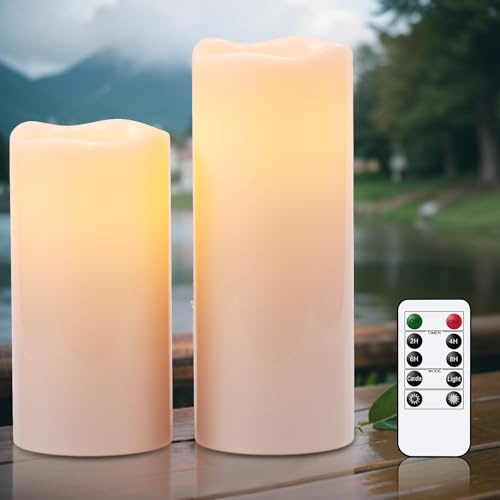Eldnacele Wasserdichte LED-Outdoor-Kerzen mit Fernbedienung, batteriebetrieben, flackernd, weiß, Kunststoff, flammenlose Outdoor-Kerzen für Gartenlaternen, Heimdekoration (10,2 x 20,3 cm, 10,2 x 25,4