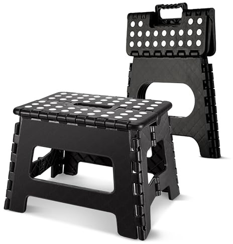 9 inch Folding Step Stool Strong, Lightweight, Heavy Duty Foldable Step Stool With Carrying Handle, Plastic Kitchen Steps Stools Folding for Adults & Kids, Anti Slip Easy to Use For Bathroom -Black