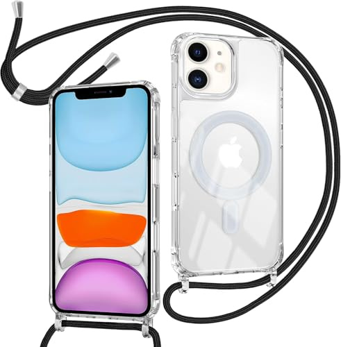ZYIMOU Coque pour iPhone 11 avec Cordon Compatible avec MagSafe, Housse Magnétique Transparente Étui avec Collier Réglable Résistant Silicone Case, Chaîne Noir