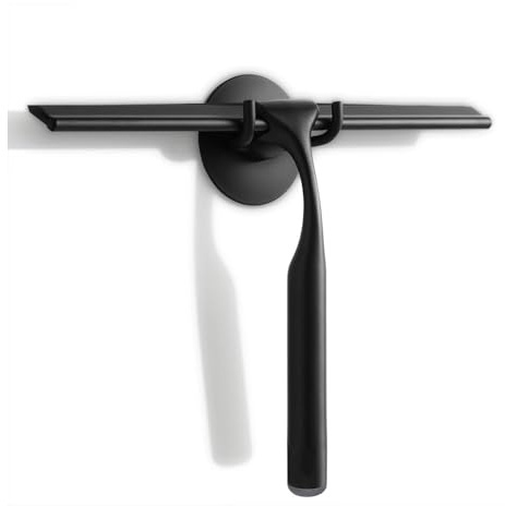 SIOOUI All-Purpose Squeegee for Shower Glass Door, Stainless Steel Shower Squeegee for Mirrors, Window and Glass with Suction Storage Hook (Black, 10in)