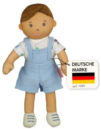 Heless 509 - Stoffpuppe Junge Ben mit Blauer Latzhose und Shirt zum An- und Ausziehen, ca. 22 cm große Weichpuppe zum Kuscheln, Spielen und Liebhaben