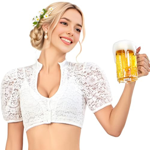 Comfyouth Dirndl Bluse Damen Puffärmel Dirndlbluse Weiß Volles Spitze Dirndlblusen V Ausschnitt Trachtenbluse Geknöpft Dirndl Blusen für Oktoberfest Bayrische Tracht Karneval