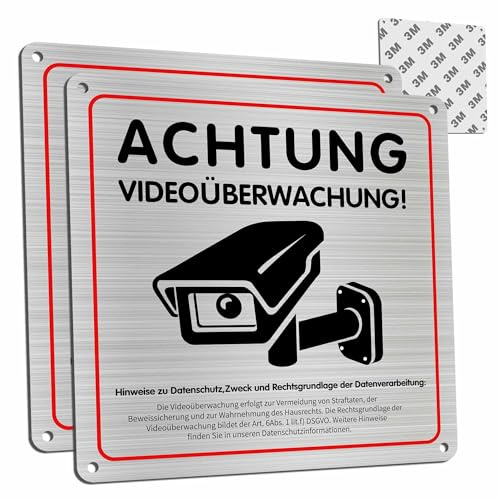 Videoüberwachung Schild, 2 Stück Achtung Videoüberwachung Schild Privatgrundstück mit DSGVO Hinweis, 15x15 cm Aluminium Hinweisschild Videoüberwachung mit Selbstklebend, 4 Bohrlöcher
