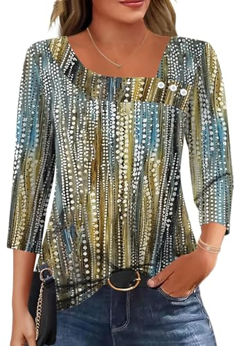 Kistore Womens Tops Dressy Casual 3/4 Sleeve Top Business Ladies Blouses Wear with Leggings Square Neck Button Tunics Summer Tee Shirts S