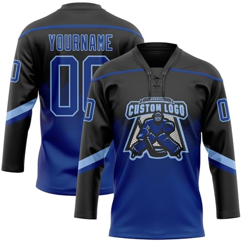 Customized Gradient Hockey Jerseys Royal Blue and Black for Women Men Youth Boys Girls, Personalized Sports Team Uniforms Stitched/Printed Name Number Logo, Design Your Own Hockey Practice Shirts