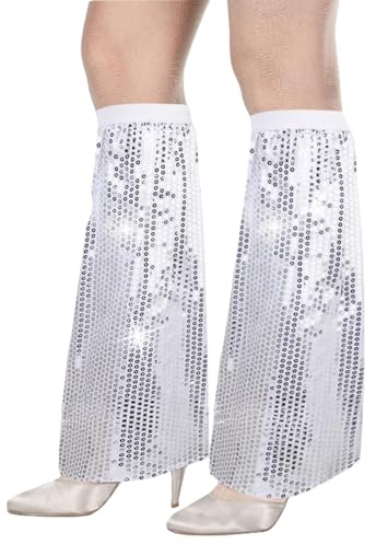 fshxj Glitzer Stulpen Silber,Abba Kostüm Damen,Silberne Pailletten-Stulpen Damen,Glitzer BeinwäRmer,FüR Karneval Halloween Disco Party BüHnenkostüM Alltag