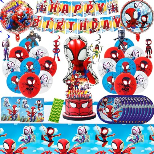 Jungen Geburtstags deko, 85 Stück Kinder geburtstag Deko set, Enthält Banner, Folien Luftballons, Tortenaufsatz, Swirl Decoration, Tischdecke, Teller, Servietten, Helden-Geburtstagsdekorationen