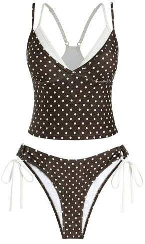 ZAFUL Women Double Layer Tankini Set V Neck Color Block Swimsuit Side Tie Two Piece Bathing Suit 0-Polka Dot