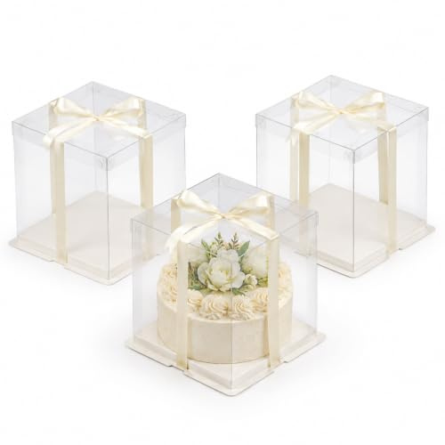 xilianBPK 3 Pcs Clear Gift Box with Ribbon 2-Layer 17x17x20cm, Transparent Cake Carrier Box with Lids, PET Tall Cake Packaging Boxes, Clear Gift Boxes for Birthday,Wedding and Festival Party