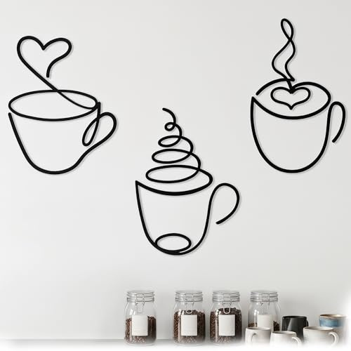 VVPENA Wanddeko Metall Schwarz Kaffeetasse Deko Wohnzimmer Küche Flur Café Esszimmers Wanddekoration, Metallbilder Wanddeko