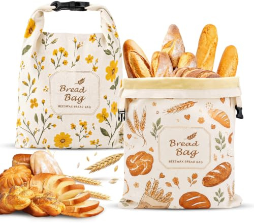 Ecofocet Paquete de 2 Bolsas de Pan de Cera de Abeja Reutilizables 43x33 cm, Bolsa para Pan de Algodón con Revestimiento Natural de Cera de Abeja, para Guardar Pan Casero y Panadería Artesanal (A)