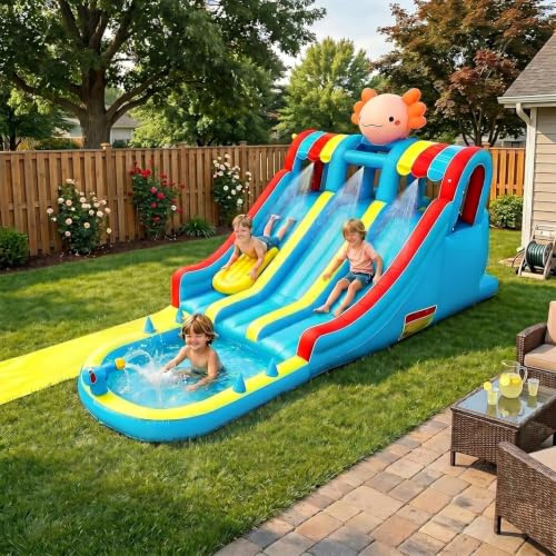 Bouncy Castle with Blower, Inflatable Water Park with Pool, Climbing Wall, Water Cannon, Sprinkler, Kids Bouncy Castle with Slide, Giant Inflatable Water Park for Garden Outdoor Summer Play