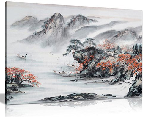 Kunstdruck auf Leinwand, japanische Kunst, 61 x 41 cm, Schwarz/Weiß/Rot