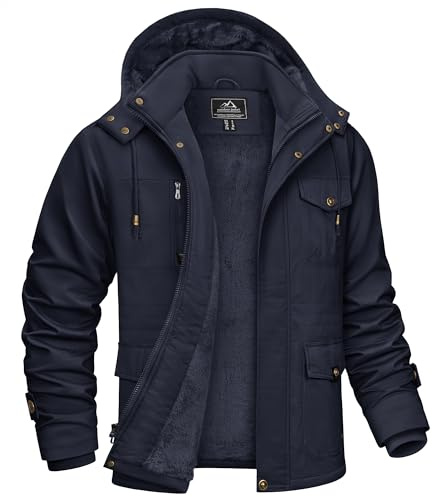 KEFITEVD vinterparkas herr, fleece, fodrad vinterjacka med många fickor, huva, varm, vinterkappa, övergångsjacka, militärjacka med ståkrage, Dunkelblau, XL