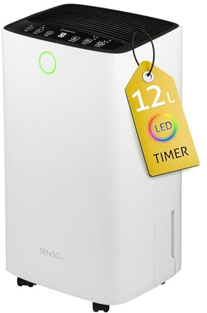 Turbionaire Senso 12 Déshumidificateur D air Compact 12L/jour, Silencieux, Verrouillage enfant, Minuterie, Pour pièce de 20-35㎡, Réservoir 2L, Anti-Humidité et Moisissure, Sèche-linge