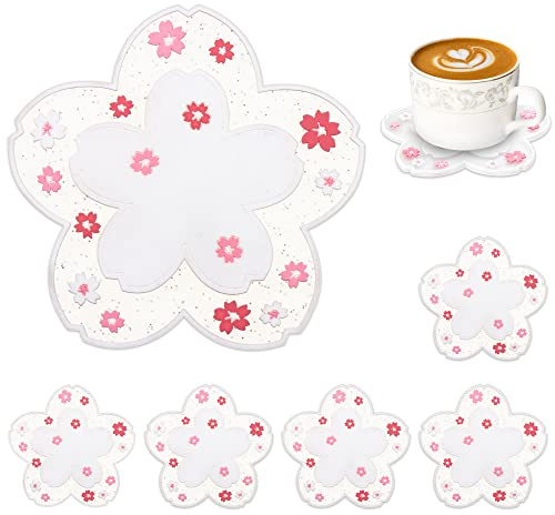 Conisy Untersetzer Gläser, 6er Set Glasuntersetzer Silikon für Getränke, Tassen, Bar, Glas - Tischuntersetzer (Sakura Weiß)