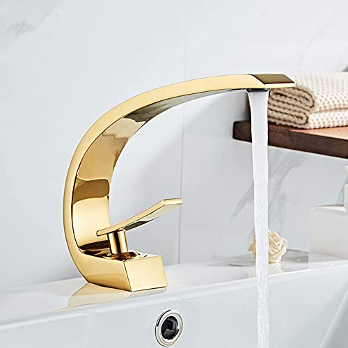 QJUZO Levier Unique Évier Robinetterie, Robinet de Lavabo Moderne D'or avec Chaude et Froide Réglable Valve en Céramique Aérateur, Mitigeur de Salle de Bain Laiton pour Toilettes Lave Mains,B