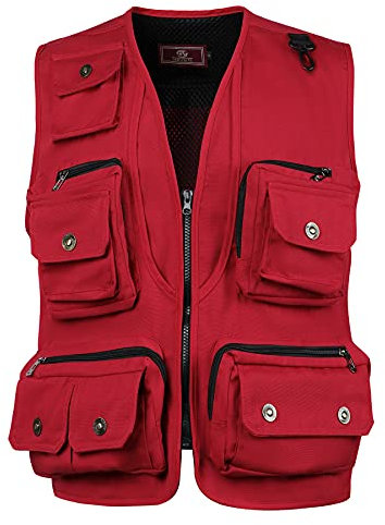 Oralidera Herren Angeln Weste Trekking Weste Outdoor Arbeitsweste Multifunktionsweste Freizeitweste Anglerweste mit Vielen Taschen, Rot, L