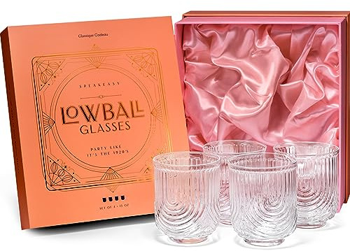 GLASSIQUE CADEAU Lot de 4 verres à cocktail vintage Art déco Lowball Gatsby - 388,5 g - Double verres à l'ancienne pour boire du whisky classique, du gin, de la vodka - Verres ronds courts