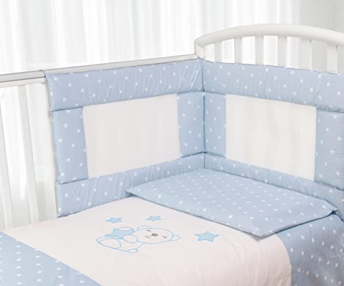 Babysanity- Set Paracolpi Lettino Alta Traspirabilità Piumino Copripiumino Sfoderabile Federa 100% Cotone Made in Italy (Piccole Stelle Azzurro)