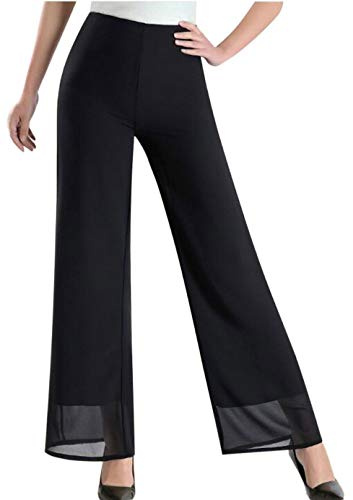 Putaowor Womens Chiffon High Elastic Waist Palazzo Dressy Pants Flare Straight Leg Trousers Black Regular 22