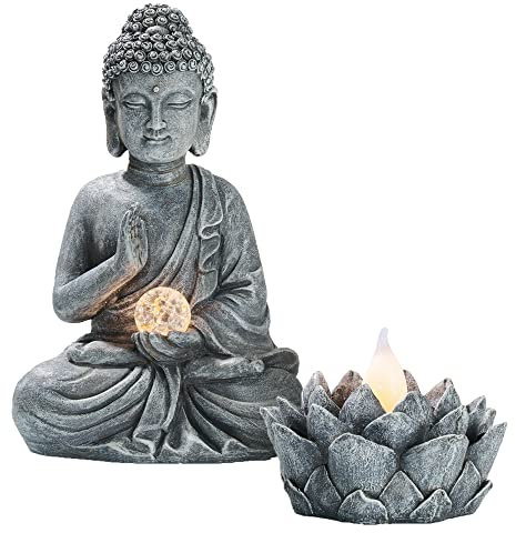 TERESA'S COLLECTIONS Garden Ornaments Outdoor, Meditating Buddha Statue with Solar Light Lotus Set of 2, Waterproof Resin Zen Ornaments, Indoor Outdoor 38CM