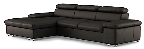 CAVADORE Echtleder-Eckcouch Valerie mit XL-Longchair / Ecksofa mit Kopfteilverstellung, großem Longchair + Metallfüßen / 286 x 73 x 174 / Leder Dunkelbraun