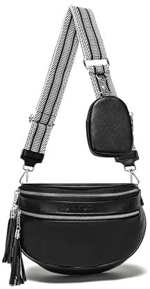 KUNKUN Bauchtasche Damen Brusttasche Schwarz Umhängetasche Damen Mittelgroß Crossbody Bag Damen Veganes Leder mit 5cm Breiten Schultergurt und Münzbörse