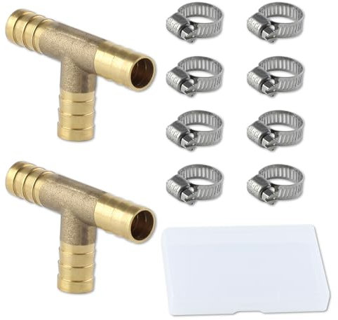 LEONTOOL 2 Pcs Brass Barb Tee Fitting 1/2(12mm) ID Hose Pipe Fitting T-Shaped with 6 Pcs Stainless Steel Pipe Clamps, 3 Ways Hose Barb Reducer for Water Fuel Gas Air Oil