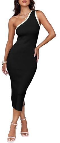 ZESICA Abito Longuette Estivo da Donna 2024, Monospalla Senza Maniche, in Maglia a Costine, con Spacco Laterale, Abito Midi Casual, Nero, S