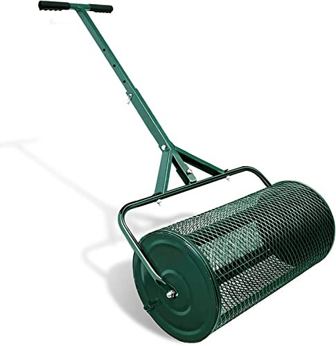 OSBELE Esparcidor de abono de 24 Pulgadas, esparcidores de estiércol para césped y jardín, esparcidor de Rodillos de Musgo de turba con Mango Largo Ajustable para césped, Fertilizante, Cesta de Mal