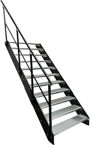 Kaminbau Mierzwa Premium Stahl Treppe mit Geländer links/Wangen und Geländer Anthrazit RAL 7016/11 Stufen verzinkt (Breite 600 mm) (Höhe 209 cm) Wetterfest Gitterroststufe Gartentreppe