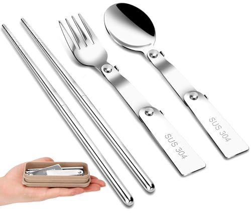 3 Stück Edelstahl 304 Camping Besteck Set, Campingbesteck Klappbar mit Göffel Spork Essstäbchen, Tragbare Reisebesteck mit Etui, Camping Geschirr für Outdoor Gipfelwerkzeug, Eintopfbecher