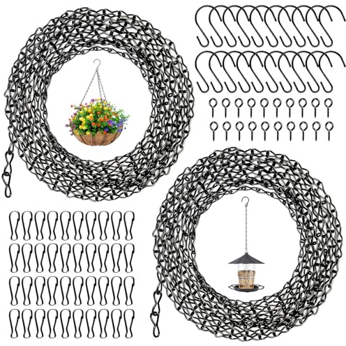 2 Stück Blumenampel Ketten zum Aufhängen, 500cm Metallkette Zum Aufhängen, Hängende Kette, Schwarze Hängekette, Blumenampel Hängende Ketten Mit 20 Haken,40 Clips, 20 Schraubösenhaken Für Pflanzgefäße