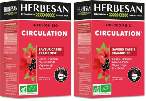 HERBESAN®- INFUSION CIRCULATION BIO - Saveur Cassis Framboise - Doux & Boisé - Sans plastique- 100% plantes - 20 sachets en papier (Lot de 2)
