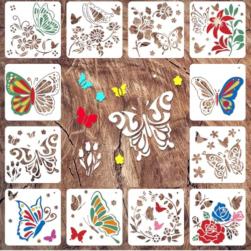 Yosugar 12 stencil con farfalle e fiori per pittura decorativa | Ideale per arte murale, progetti fai da te e istruzione creativa, consente di risparmiare tempo durante la progettazione