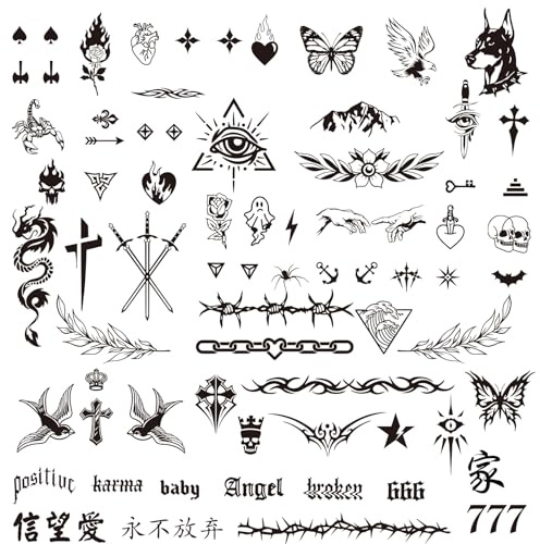 BETESSIN 3 Bögen Temporäre Tattoos Schwarz - Fake Tattoo - Klebetattoos für Erwachsene - Wasserfeste Aufkleber - für Männer und Frauen