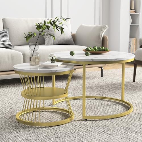 JDEFARF Runt soffbord med marmorkorn bordsskiva, häckande kaffeset med 2, accentmöbler med metallram, slutbord för vardagsrum, sovrum, balkong (guld)