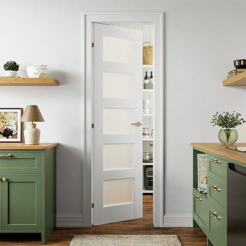 SMARTSTANDARD 5-Panel Frosted Glass Interior Door Slab, 24 x 80 Slab Door for Pantry Pocket Laundry Bathroom French, Solid Core Pre-Assembled Panel Without Hardware, White
