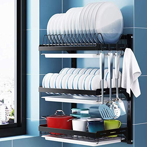 SaryEdge 201 Edelstahl Küche Wand-Montiert 3-Schicht Geschirr Rack Abtropffläche mit 4 Haken(