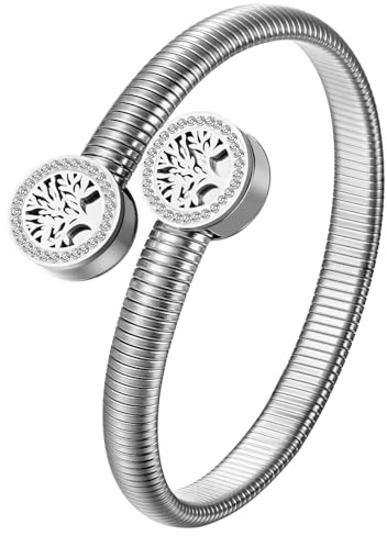 JewelryWe Schmuck Damen Armband Edelstahl Blumen Lebensbaum Baum des Lebens Aromatherapie Diffusor ätherisches Öl Parfum Armreif, Silber