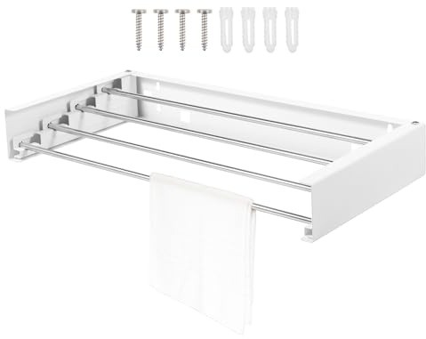 NIHUIFDPY Foldable Wall Mounted Clothes Rack, Retractable Clothes Drying Rack with 4 x 50cm Rods, Collapsible Drying Racks for Outdoor Indoor