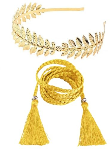 TUONYIS 2 Pieces Greek Costume Girls Greek Goddess Costume Women Accessories Set Fancy Dress Include Roman Leaf Crown, Women's Belts Braided Thin Waist Belt, for Women Vintage Party, Bridal Wedding