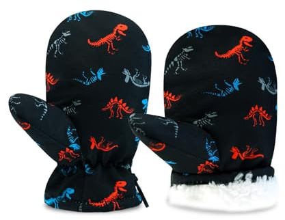 SEYUFN Winter Handschuhe Kinder Skihandschuhe Baby Handschuhe Mädchen Fingerlose Skihandschuhe wasserdicht Winterhandschuhe Ski Outdoor (Schwarzer Dinosaurier, L(2-4 Jahre))