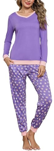 Irdcomps Pigiama Donna Invernale Cotone Pigiami da Donna Invernali Lungo Set Due Pezzi Pigiama da Notte Leggero Sleepwear Viola M