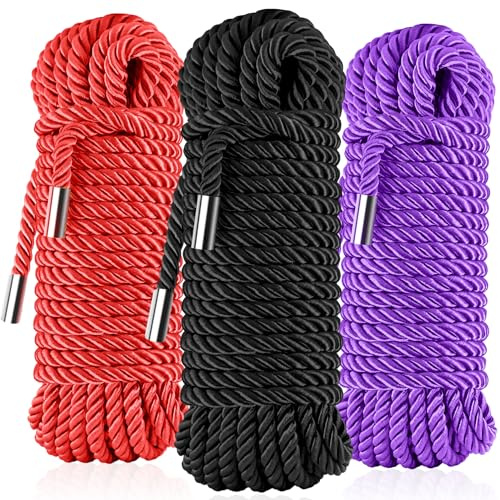 Silky Soft Braided Nylon Rope - Skin-Friendly & Durable Satin Braided & Twisted Cord, 8mm Thick x 32ft, Includes Storage Bag (Black Red Purple)