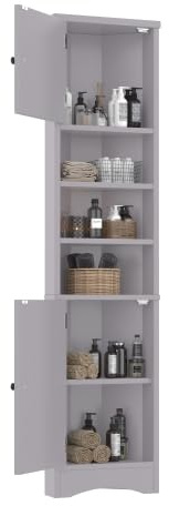 HAINEW Eckschrank Badezimmerschrank mit 2 Türen und 3 Offene Ablagefächer, Dreieckiger Badschrank Badmöbel Hochschrank Aufbewahrungsschrank Für Badezimmer, Küche, Wohnzimmer, 36,5x24,5x170cm (Grau)