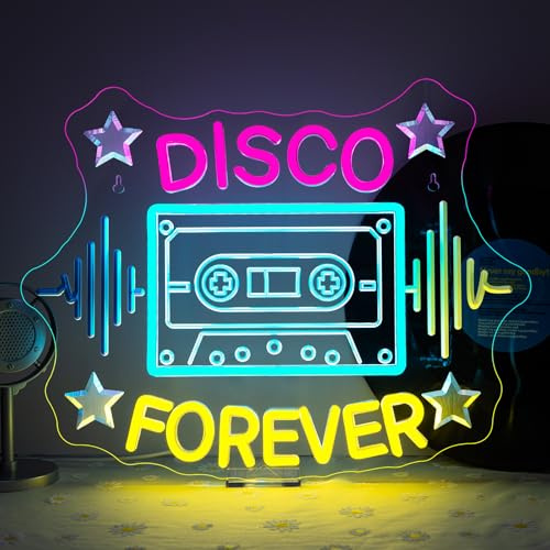 Horseneon Disco Forever - Letrero de neón retro LED para decoración de pared para fiestas de baile, salas de música y barras temáticas de los años 70, alimentado por USB con brillo ajustable
