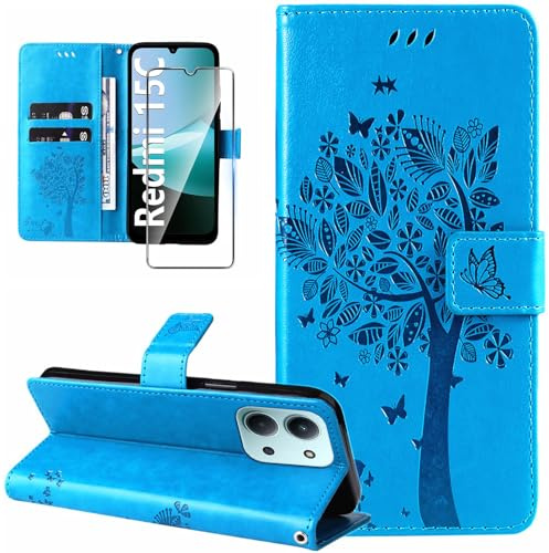 Dcjlbo Cover per Xiaomi Redmi 15C 4G/5G Custodia in Pelle Portafoglio a Libro con Pellicola Vetro Temperato Porta Carte Cover Flip Case Cuoio Antiurto Custodia-Blu