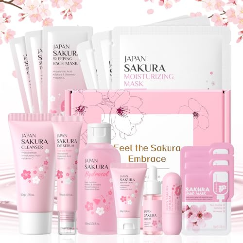 BeauBase Sakura Gesichtspflege Set Feuchtigkeit Hautpflege Sets 9-tlg, mit Gesichtsreinigung,Augencreme, Serum, Gesichtscreme, Lippenbalsam, Mask, für Tagespflege und Nachtpflege Skincare